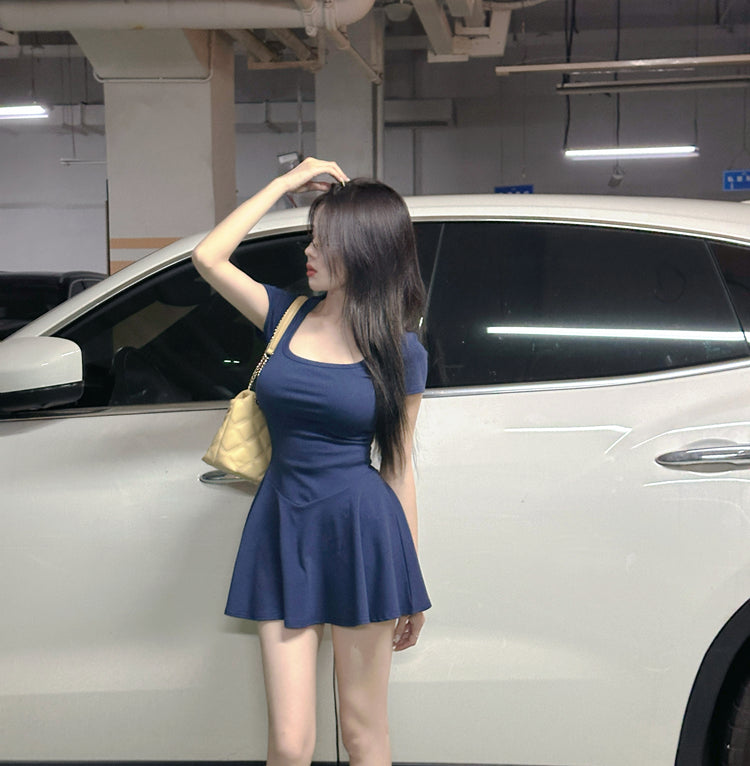 Pure desire style sexy dress summer high waist elastic slim fit solid color A-line short skirt R3671