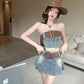 Colorblock retro chic collarbone exposed denim tube top vest high waist slim skirt Hong Kong style suit R3710