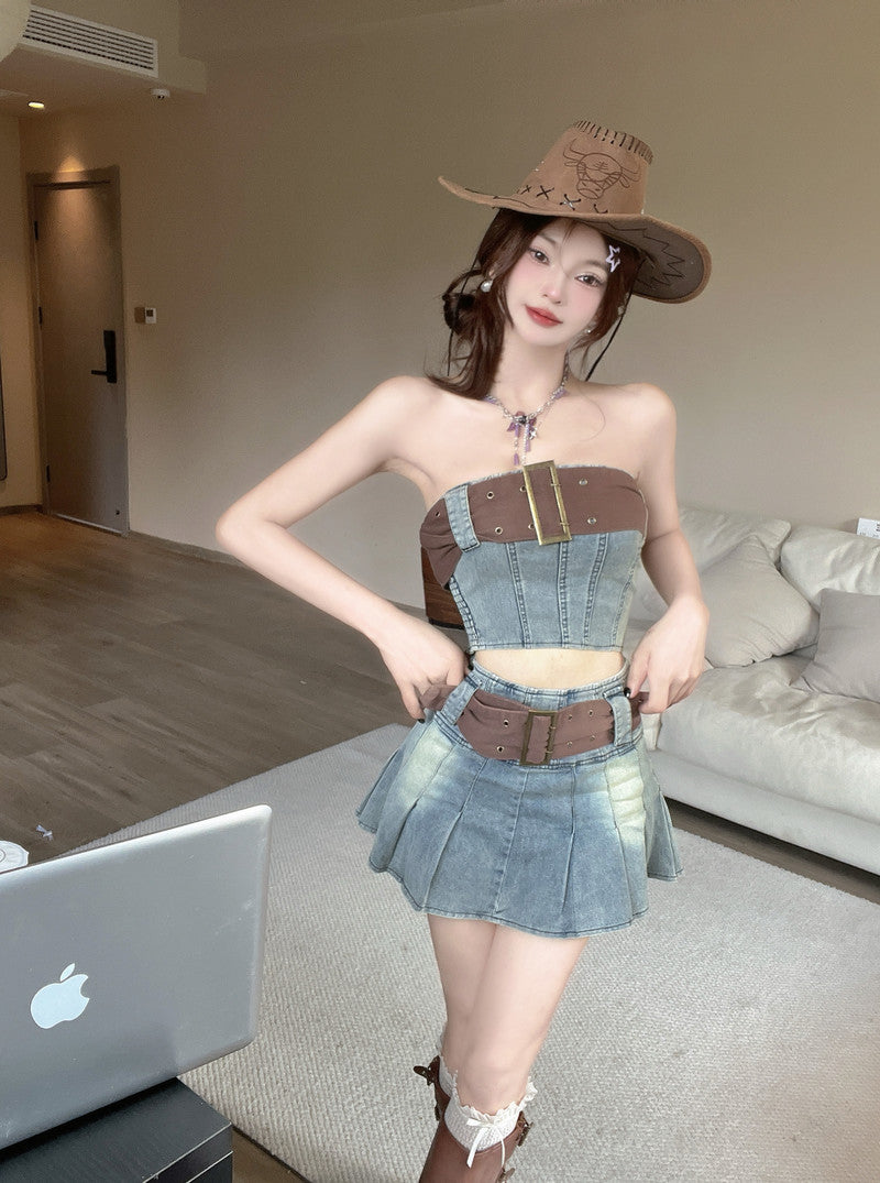 Colorblock retro chic collarbone exposed denim tube top vest high waist slim skirt Hong Kong style suit R3710