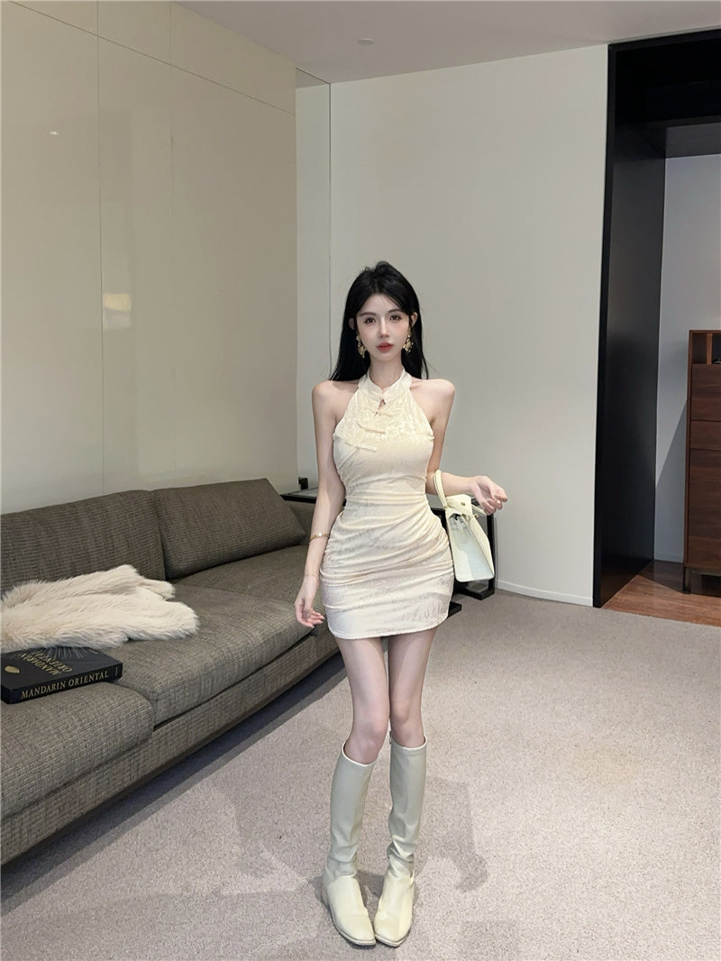 New Chinese style sexy cheongsam French sexy high waist temperament slim short sleeveless dress R3709