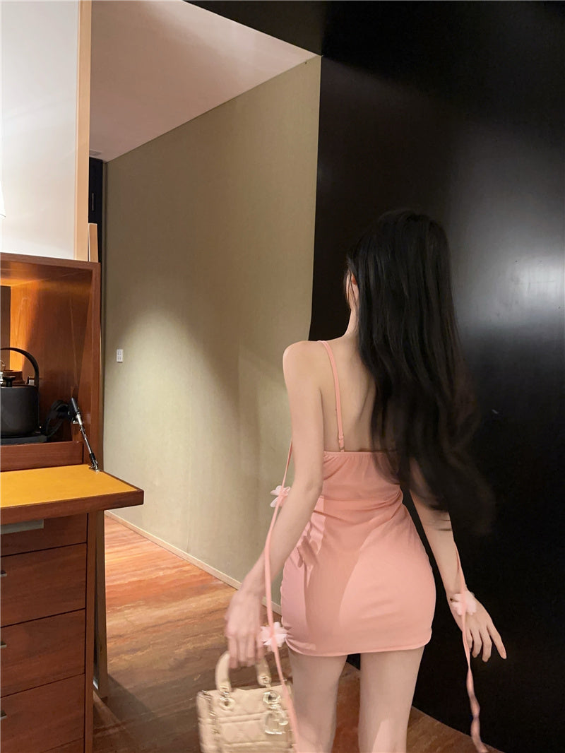 Pure and gentle style flower sling dress with tassels, slim fit, pleated, slimming, hip-wrapped short skirt R3636