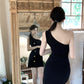 One-shoulder royal sister design little black dress waist slimming hip short dress R3713