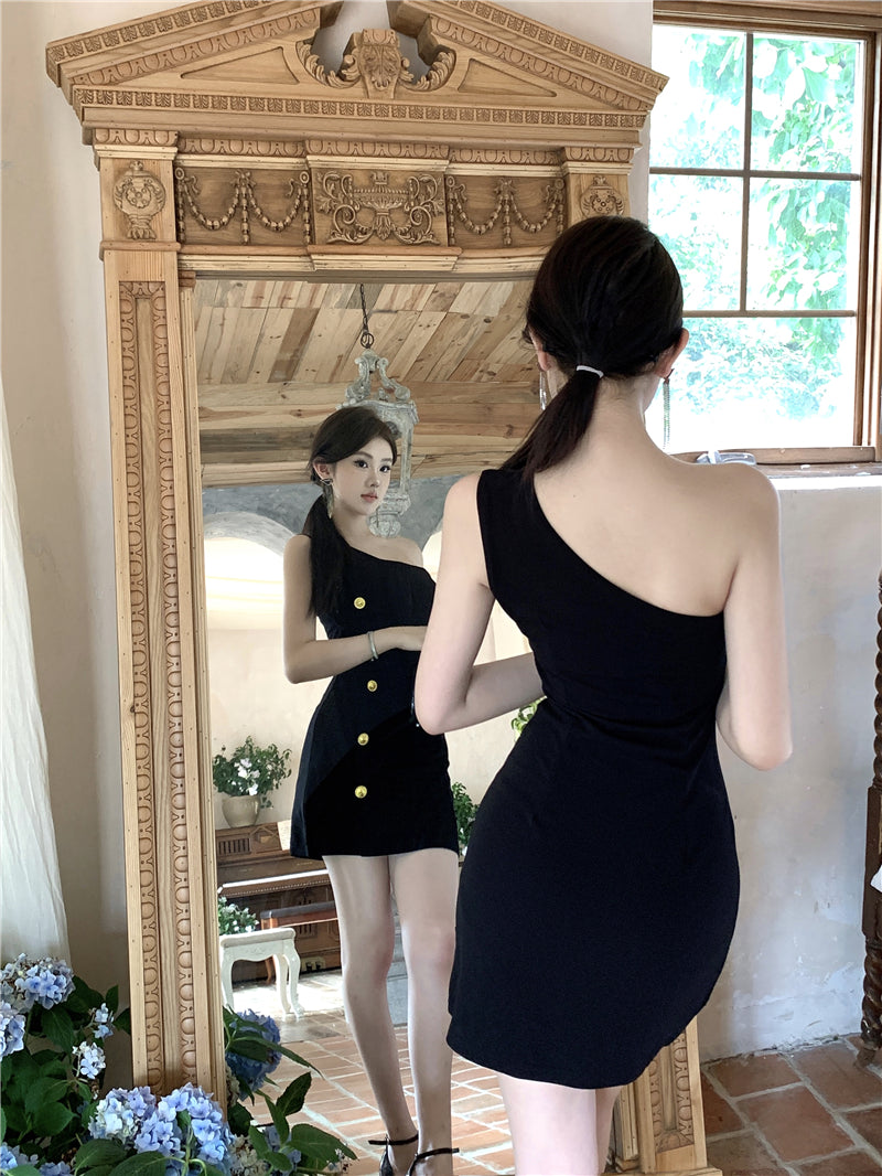 One-shoulder royal sister design little black dress waist slimming hip short dress R3713