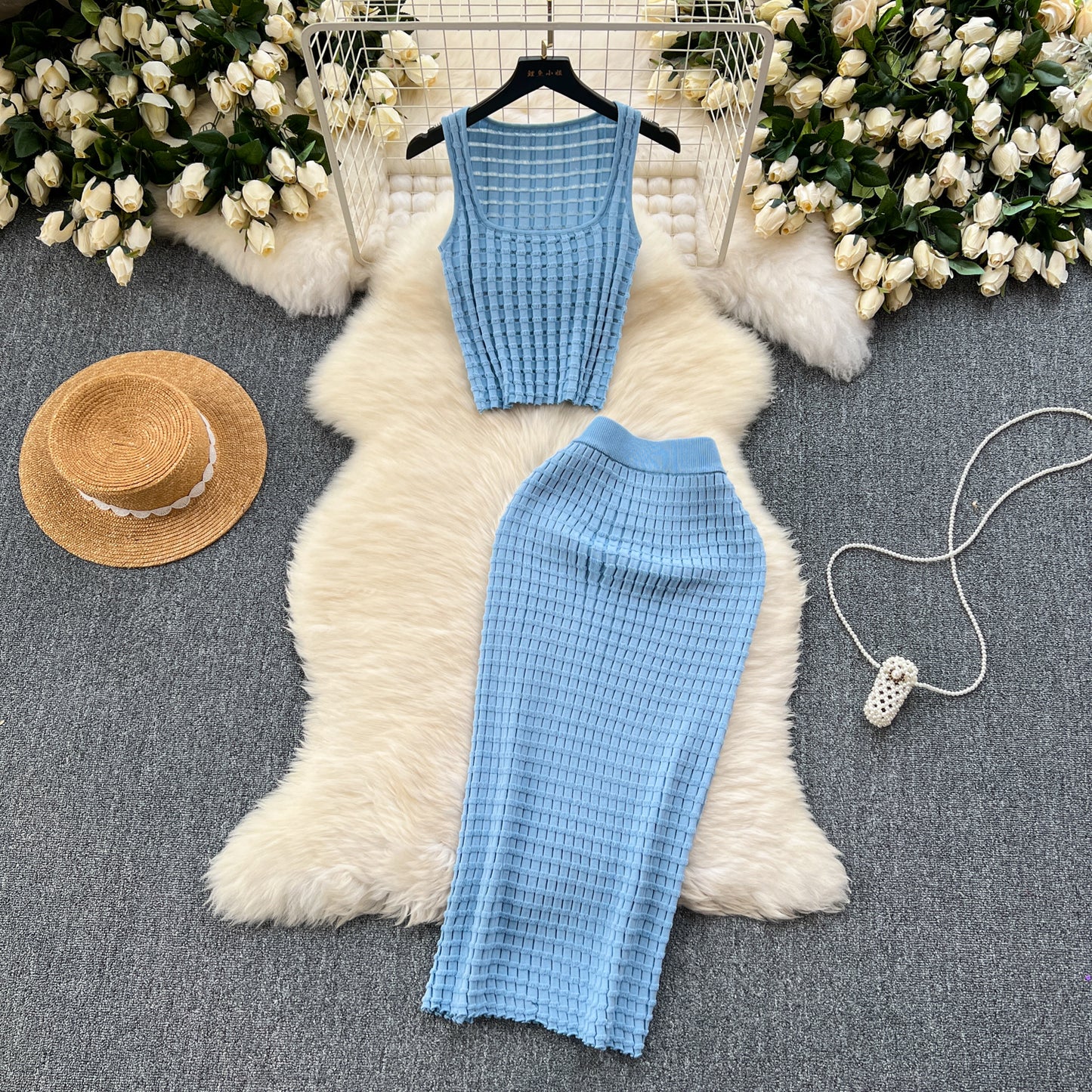 Retro hot girl style suit short vest top versatile high waist skirt knitted two-piece suit R2164