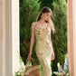 French heavy design flower wool knitted suspenders green slit dress R5112