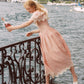 Pink Champagne French Embroidered Fishbone Dress Pink Hollow One Shoulder Maxi Dress R5111