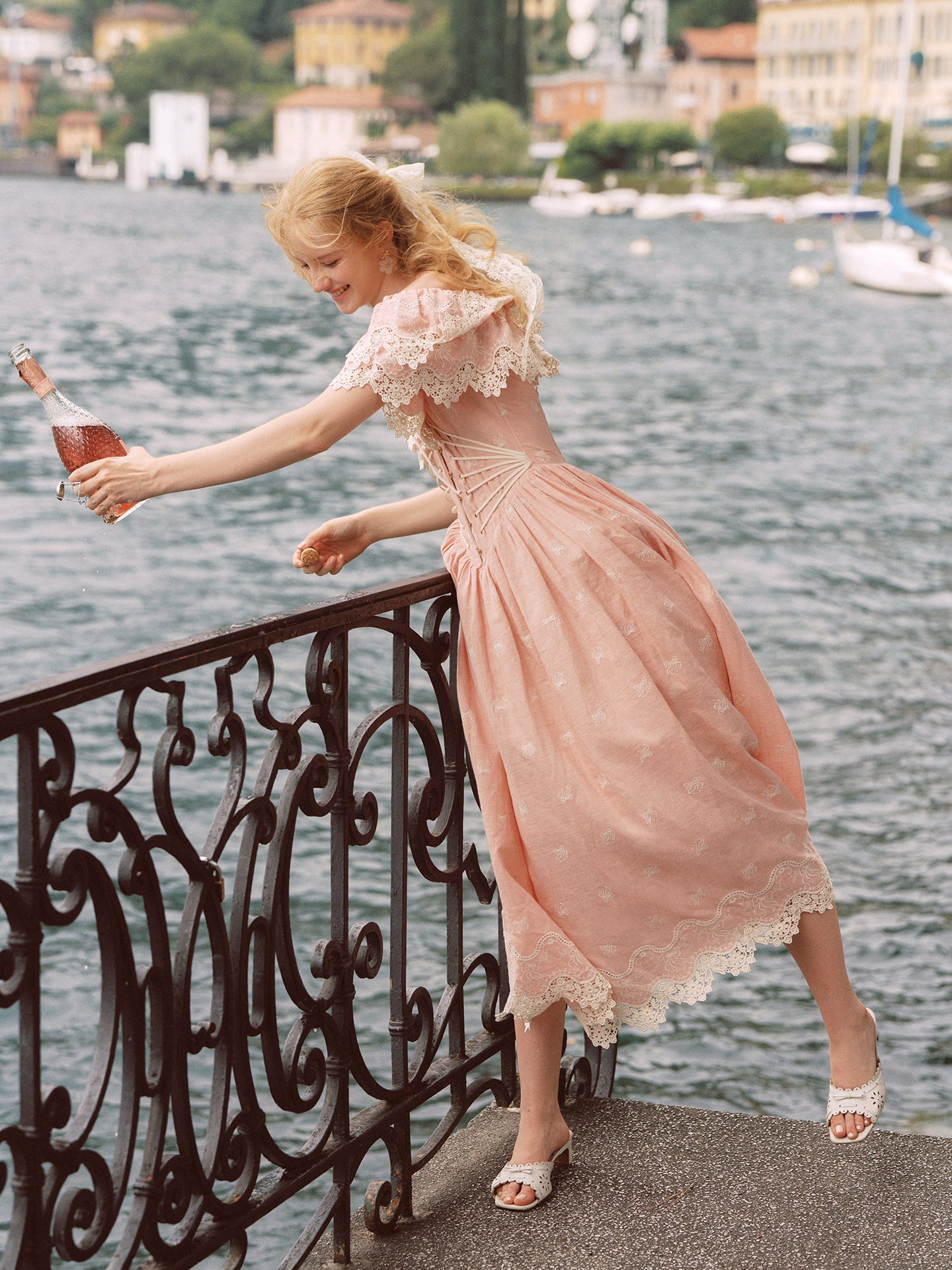 Pink Champagne French Embroidered Fishbone Dress Pink Hollow One Shoulder Maxi Dress R5111