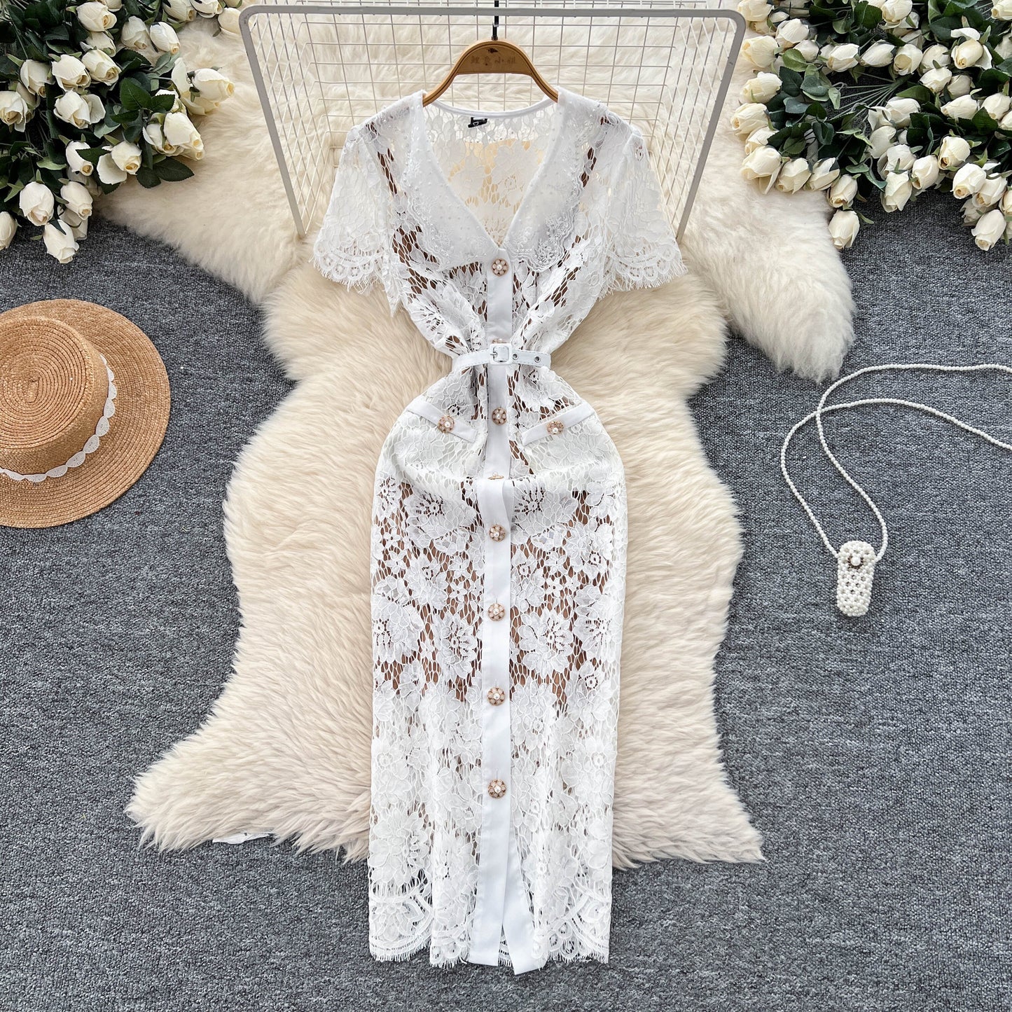 Chanel style dress with short sleeves, short-sleeved, single-breasted lace crochet long skirt R2300