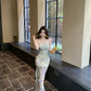 Green floral tube top dress sexy waist slim hip skirt R0626