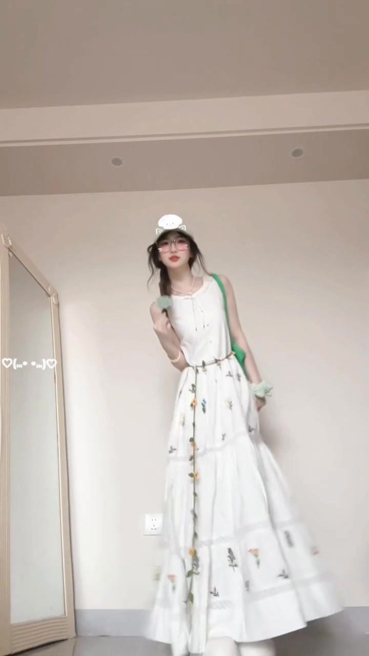 Sleeveless vest floral dress gentle temperament waist A-line long skirt R0709