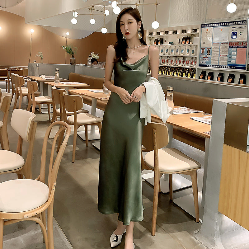Green acetate satin silk suspender dress women's medium length 2025 new long skirt R1006