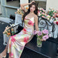 French retro print slim fairy dress sexy high-end pure desire wind collar suspender long dress R1007