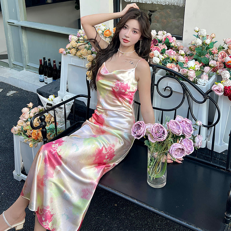 French retro print slim fairy dress sexy high-end pure desire wind collar suspender long dress R1007