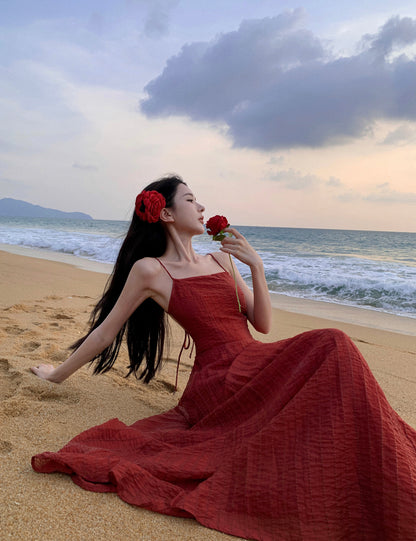 Retro niche design backless suspender dress seaside holiday outfit long dress R1459