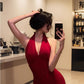 Burgundy sexy halter neck dress French temperament hip-wrapped evening dress long skirt R1458