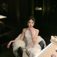 Sexy satin halter neck dress, elegant waist, slimming, hip-wrapped fishtail gentle dress R1460