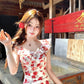 Holiday white retro red floral dress waist summer beautiful small flying sleeves dress R3824