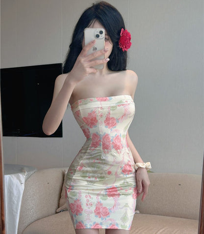 One-shoulder floral tube top dress French style backless tight-fitting slimming hip skirt R3790