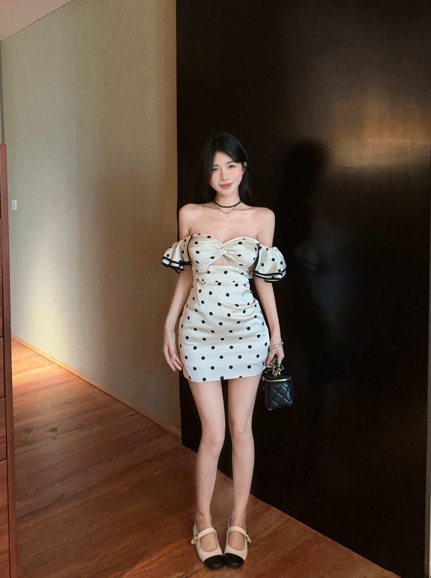 French sexy polka dot tube top dress sweet spicy high waist slim fit off shoulder hip skirt R3792