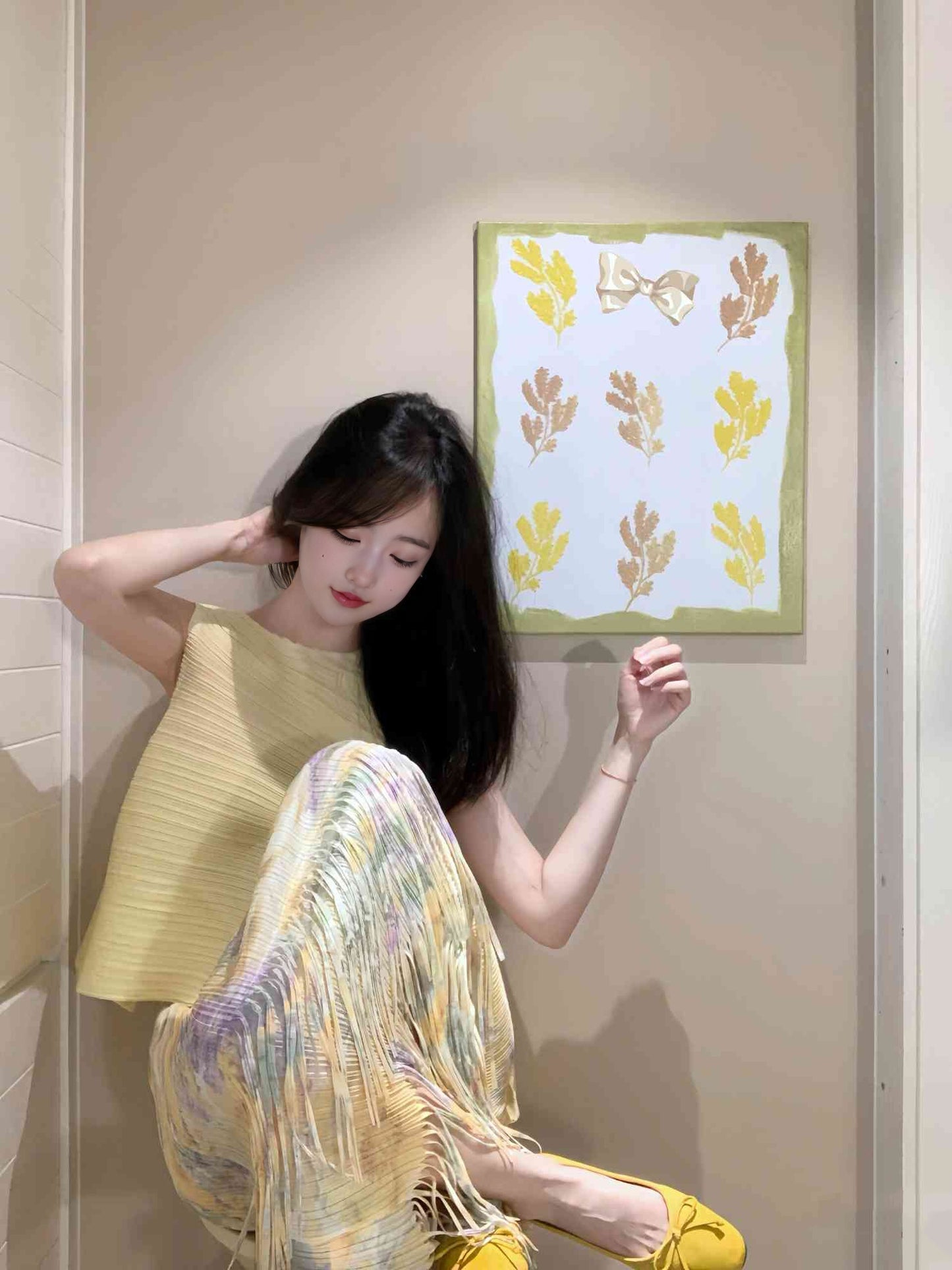 Pure suit, gentle temperament, beautiful yellow top, floral skirt, two-piece suit R0805