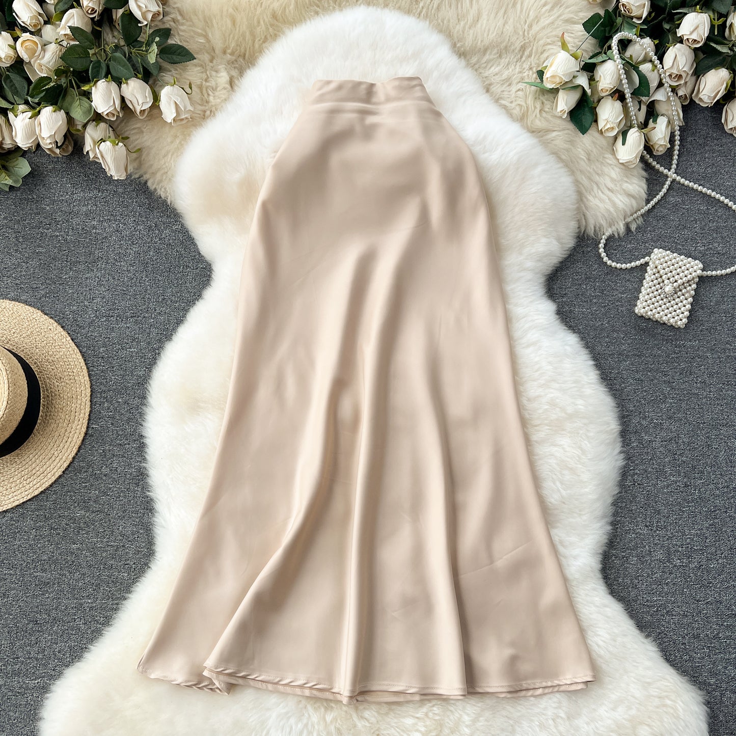 High-end satin skirt, high waist, slimming, medium-length fishtail skirt R2194