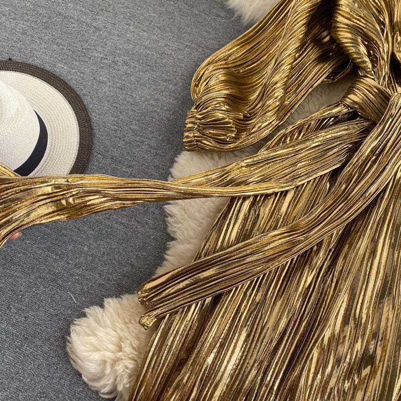 Fashion blogger retro palace style dress new temperament V-neck tie waist dress R2199