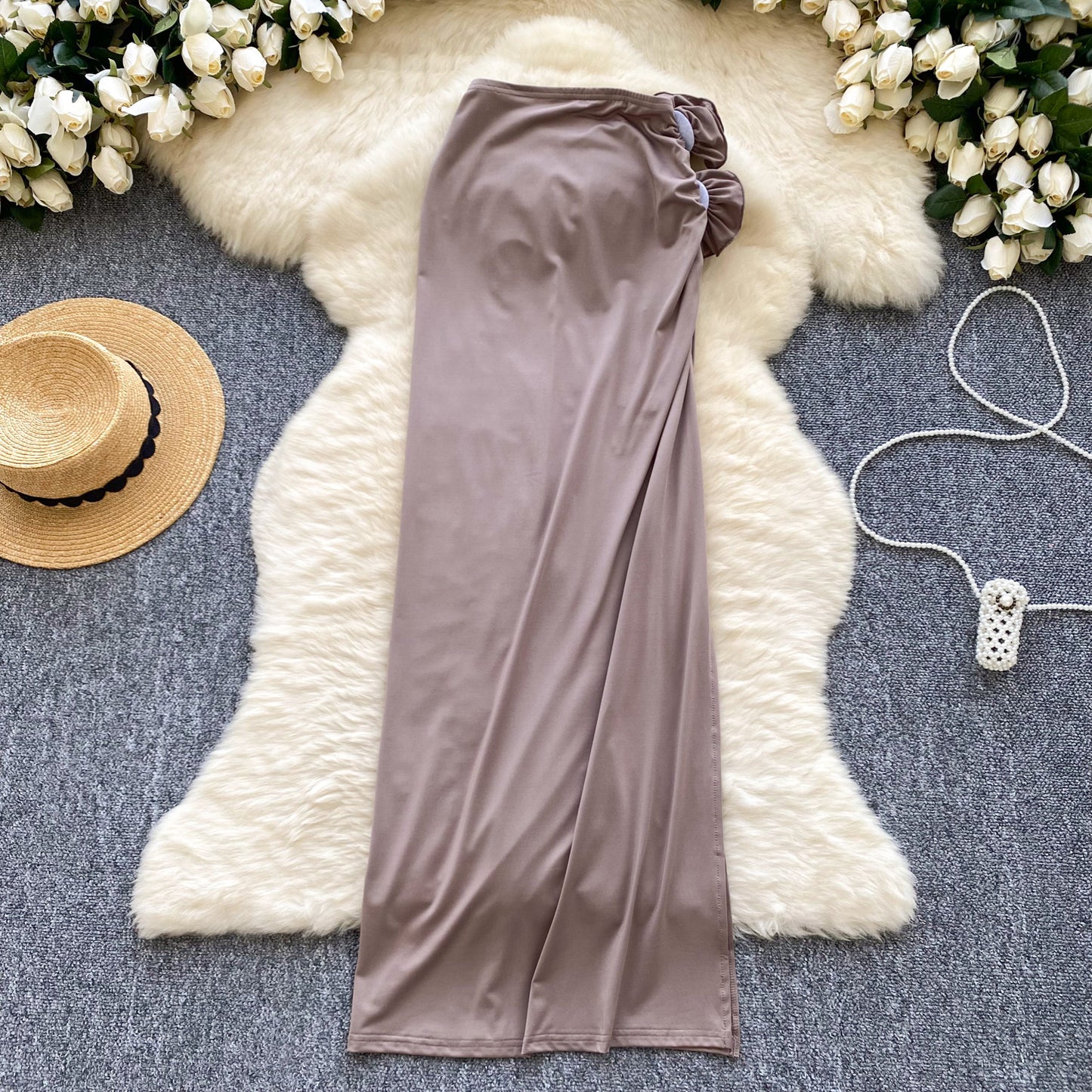 Sexy hot girl skirt design three-dimensional flowers high waist slim fit slit midi skirt R2195