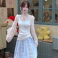 Women's suit beautiful long-sleeved T-shirt blue halter neck vest skirt three-piece suit R0695
