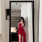Retro red flower suspender dress irregular beautiful waist a-line beach dress R0697