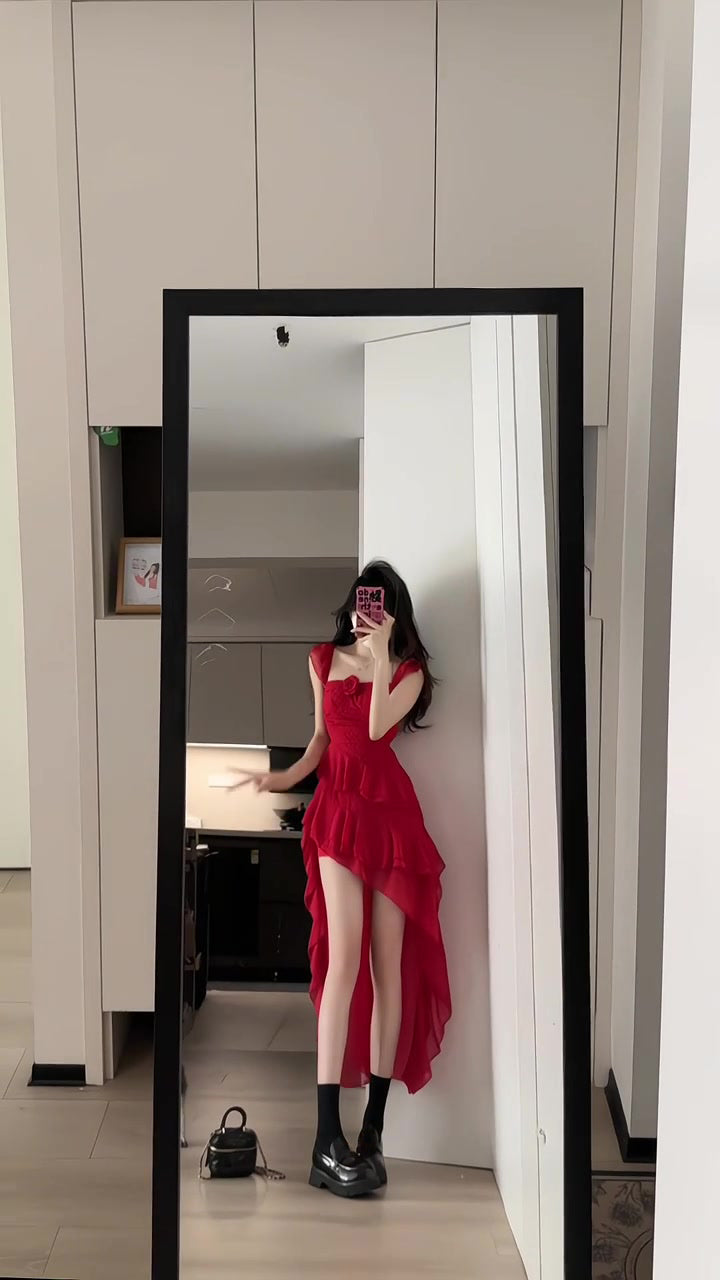 Retro red flower suspender dress irregular beautiful waist a-line beach dress R0697