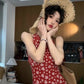 Retro red v-neck floral halter dress with waist and backless beautiful temperament long dress R0698