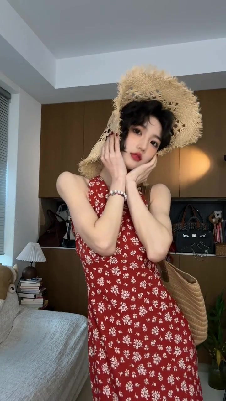 Retro red v-neck floral halter dress with waist and backless beautiful temperament long dress R0698