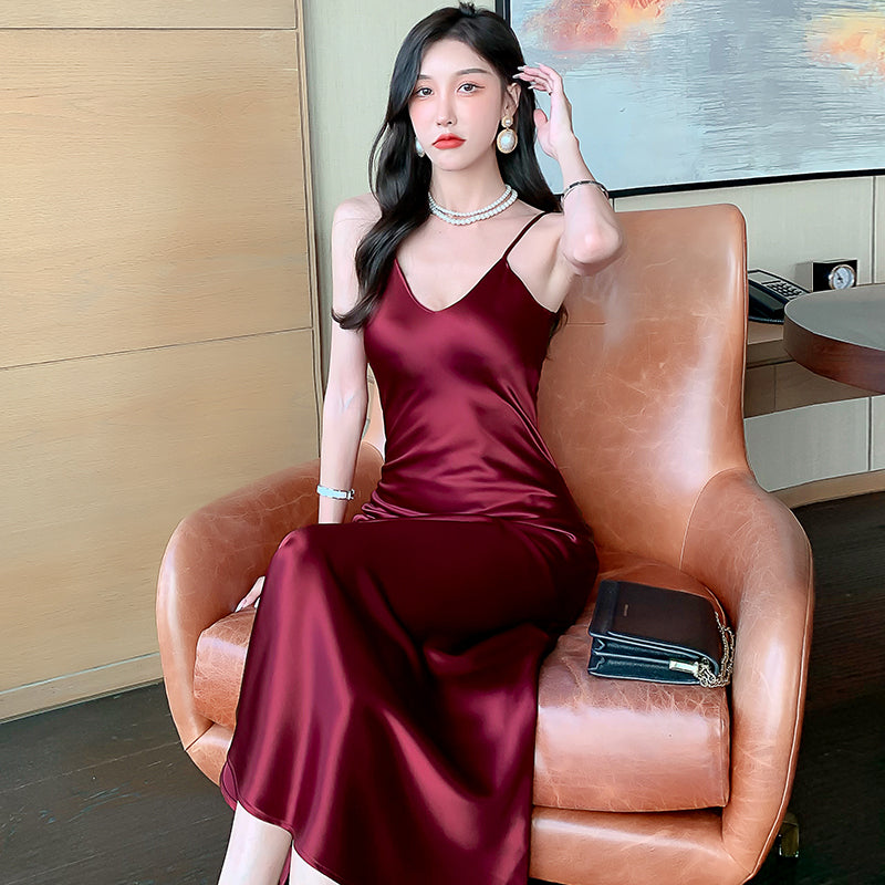 High-grade drape silk satin V-neck suspender dress mid-length temperament skirt R0997