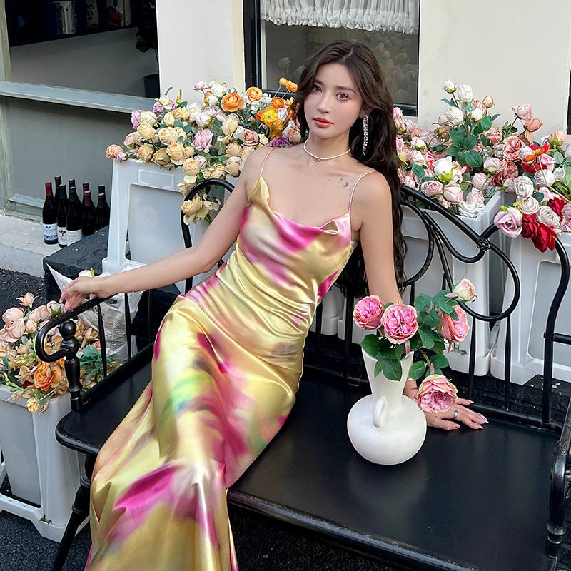 Noble temperament printed suspender dress 2025 new acetate satin long skirt R0999