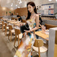 High-grade drape silk satin V-neck suspender dress satin temperament printed floral dress R1000