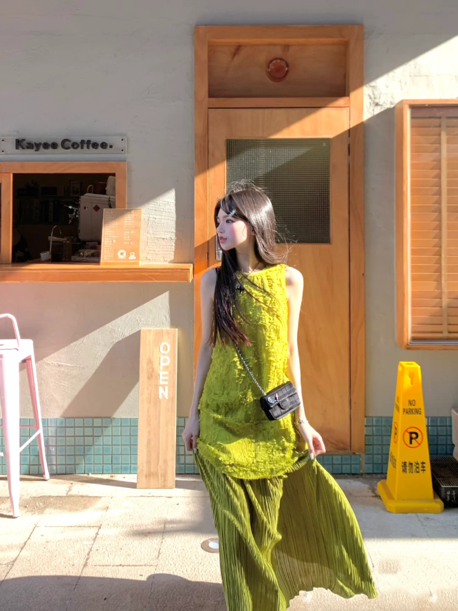 Green sleeveless dress for women, high-end fake two-piece temperament long dress R0770