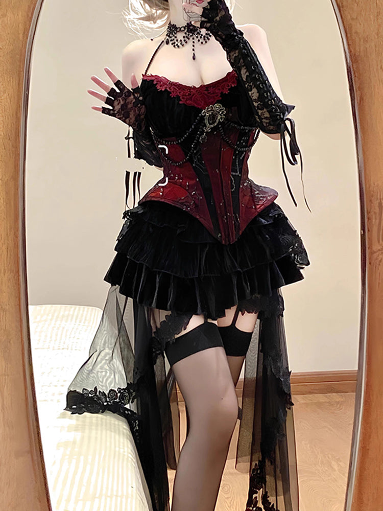 Dark Gothic Velvet Waist Halter Suspender Suit Removable Skirt Two-piece Suit R1665