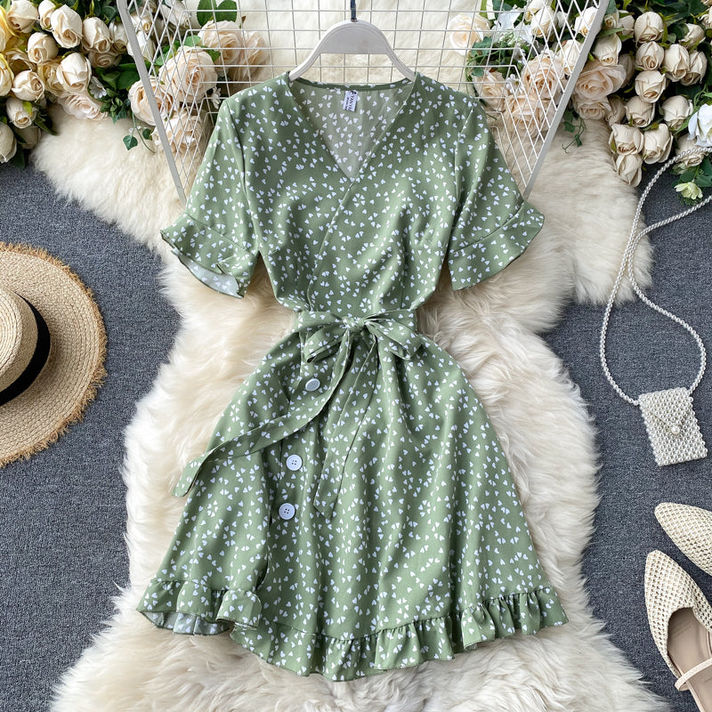 Dress 2025 new summer sweet love print trumpet sleeve tie waist short style R2166