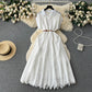 Niche design buttoned loose lace long dress waist pleated shirt collar spliced long skirt R2168