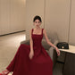 Skirt square neck suspender dress royal sister style temperament wine red high-end dress R1437
