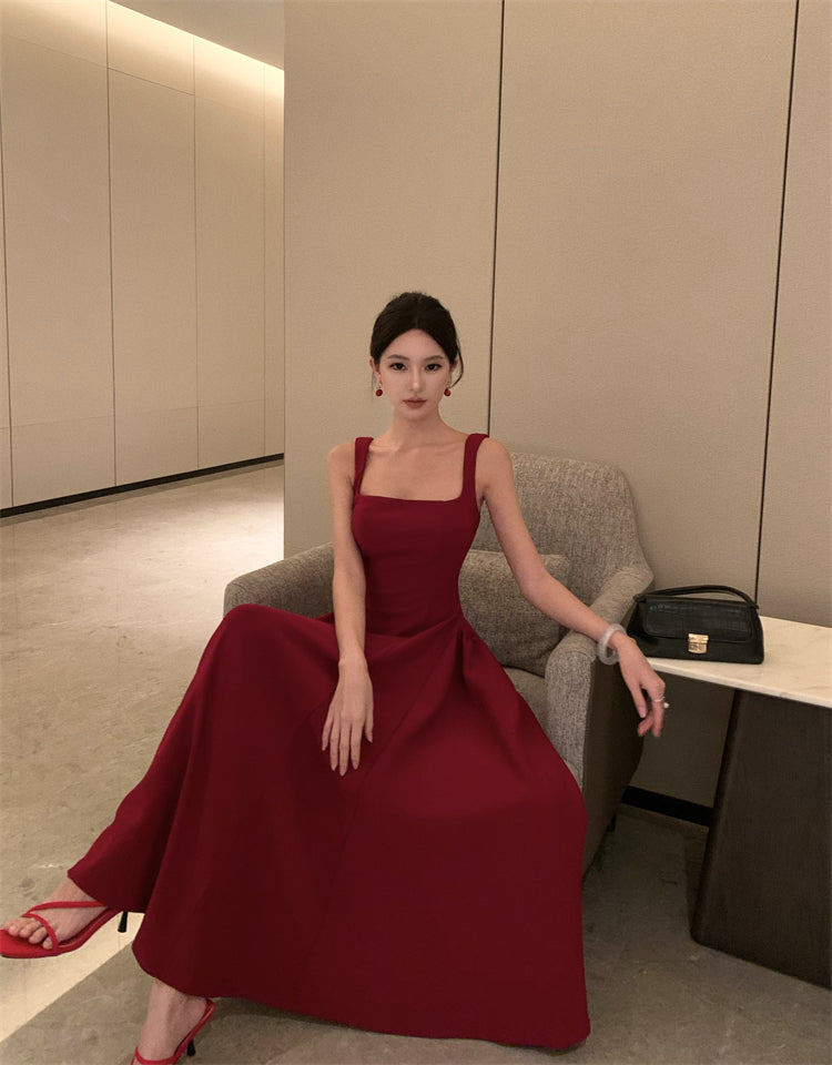 Skirt square neck suspender dress royal sister style temperament wine red high-end dress R1437