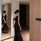 Off-shoulder sleeveless dress velvet banquet temperament fishtail dress skirt R1448