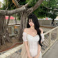 Summer beautiful outfit set white one shoulder top a line skirt two piece set R0854