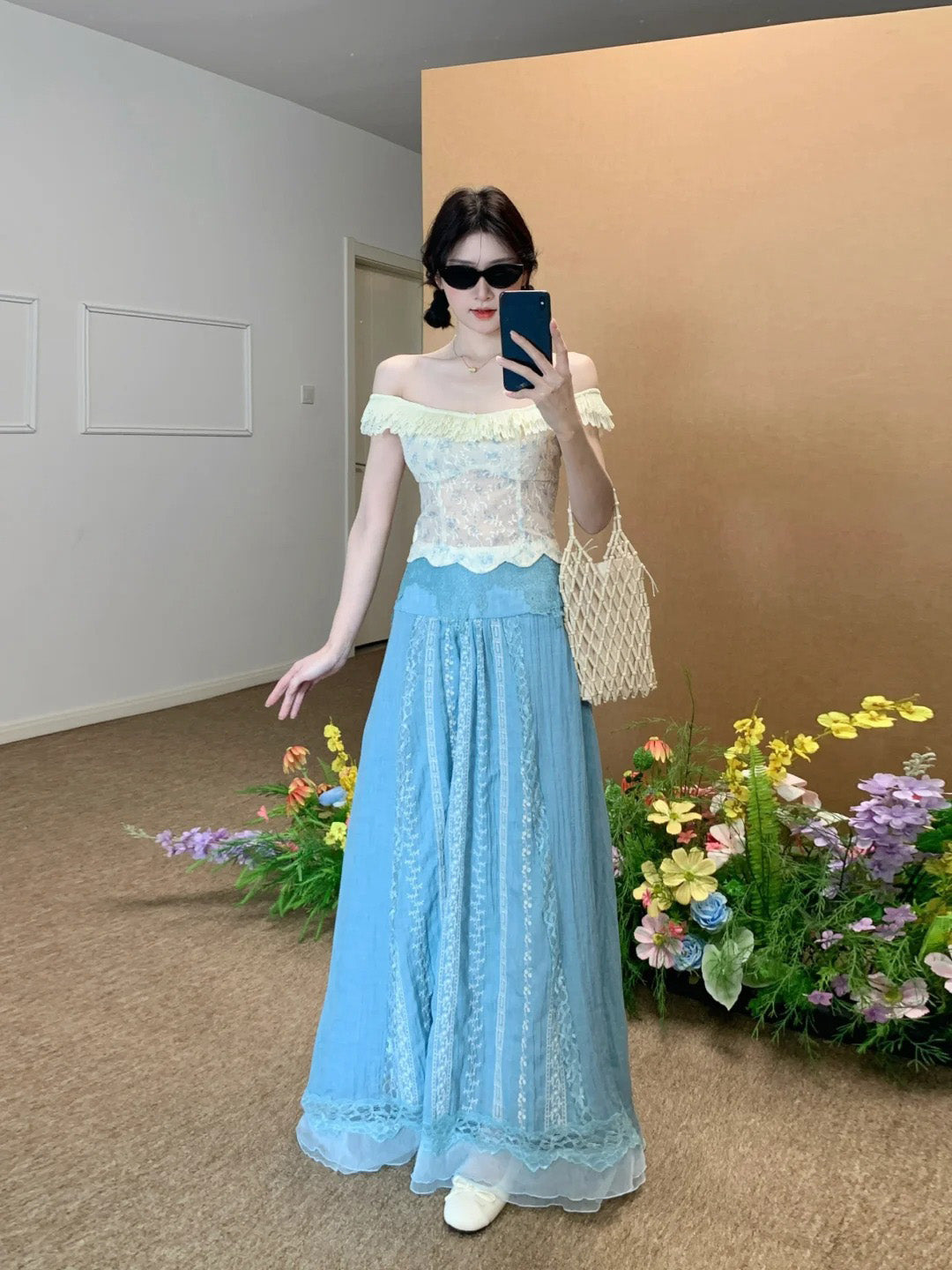 Summer gentle temperament vacation one shoulder top a line skirt two piece set R0852