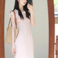 Gentle style pink short-sleeved dress with elegant waist and slim fit R0849