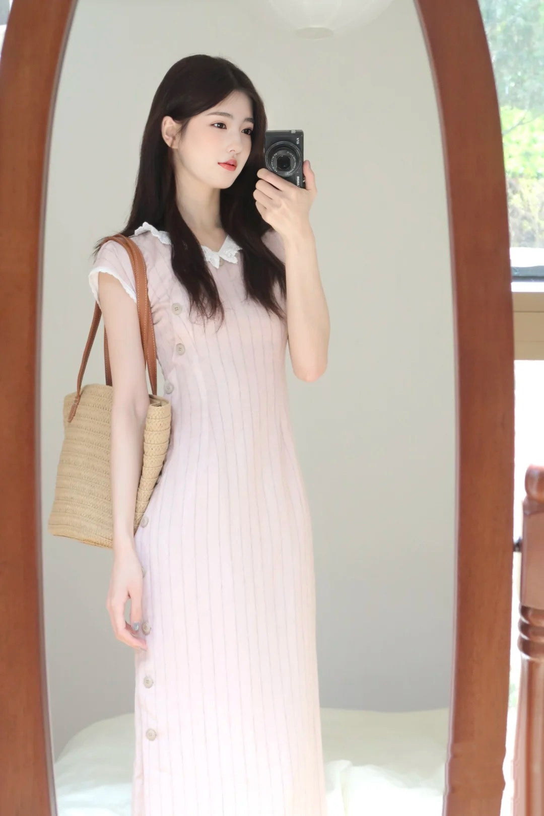 Gentle style pink short-sleeved dress with elegant waist and slim fit R0849