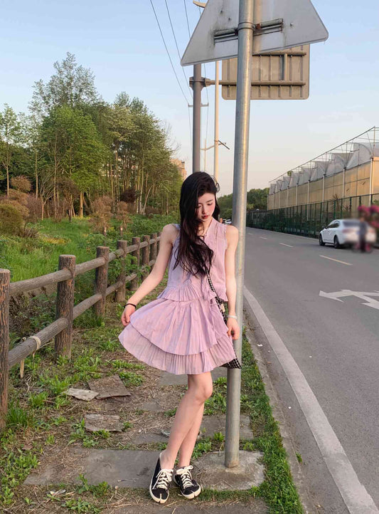 A set of gentle temperament purple sleeveless vest top short skirt two-piece suit R0752