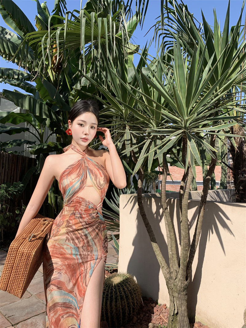 Beach dress for vacation, slim and sexy, backless, halter neck, high slit dress R1612