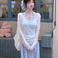 Women's suit beautiful long-sleeved T-shirt blue halter neck vest skirt three-piece suit R0695