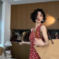 Retro red v-neck floral halter dress with waist and backless beautiful temperament long dress R0698